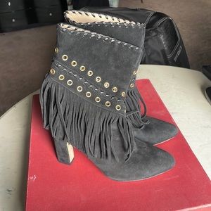 Tamara mellon fringe grommet suede booties 5.5